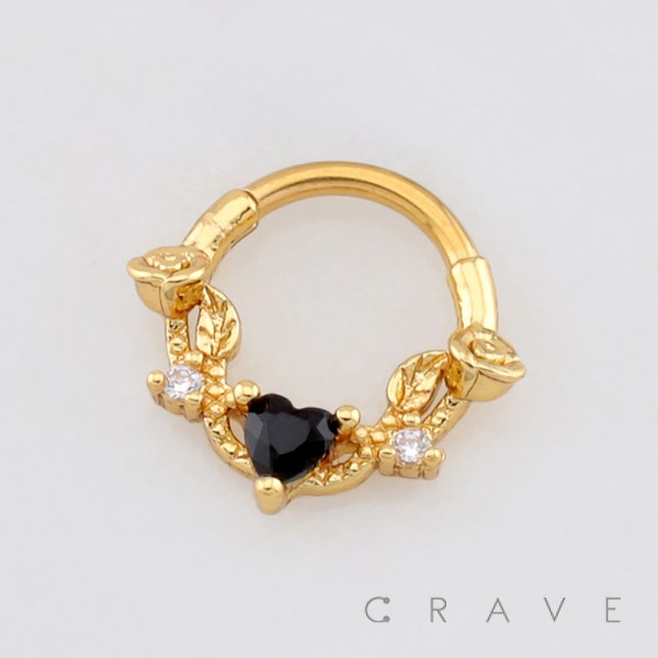 BLACK ONYX CUBIC ZIRCONIA GOTHIC ROSE VINE HINGED SEGMENT CLICKER RING 316L SURGICAL STEEL